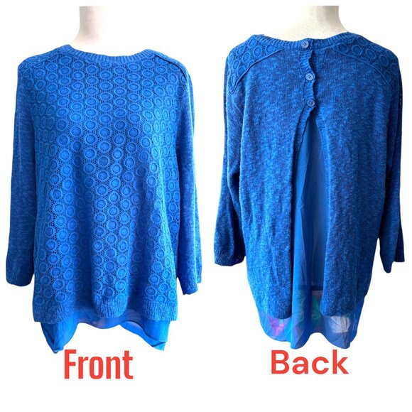 Lucky Brand Boho Sweater Womens Large Linen Crochet Lace Overlay Royal Blue sz L - Picture 1 of 15